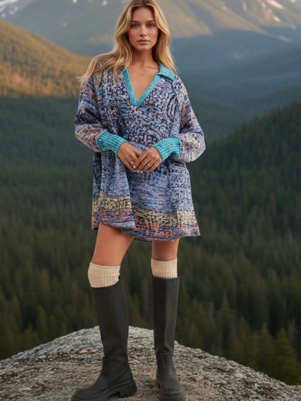 Free People Blue Patterned V-Neck Knit Mini Dress with Turquoise Trim